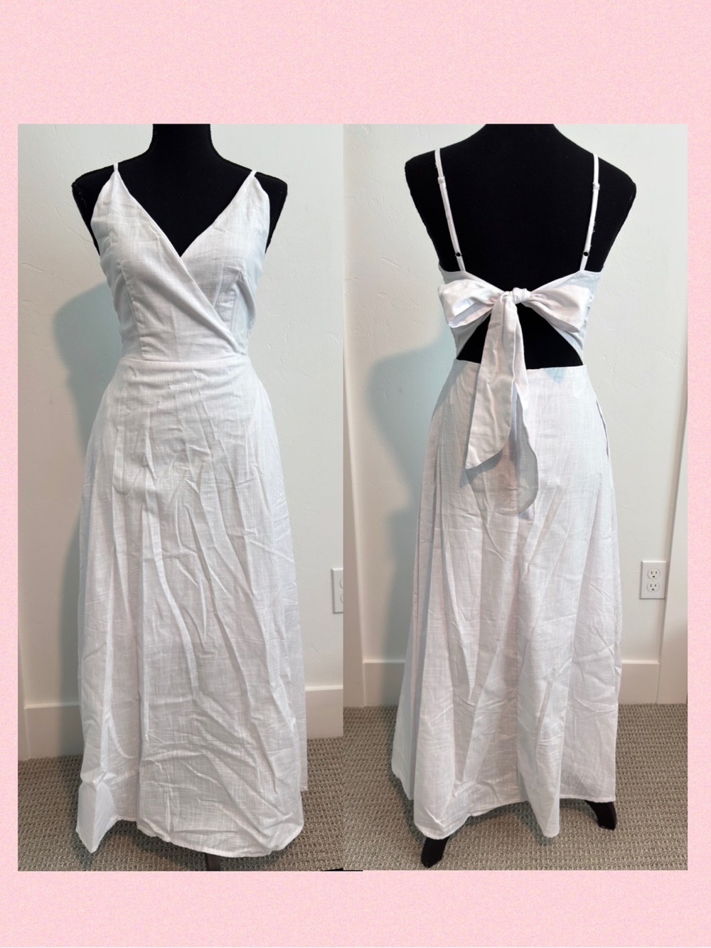 White Linen Look Wrap Midi/Maxi Dress with Bow Back Sz S